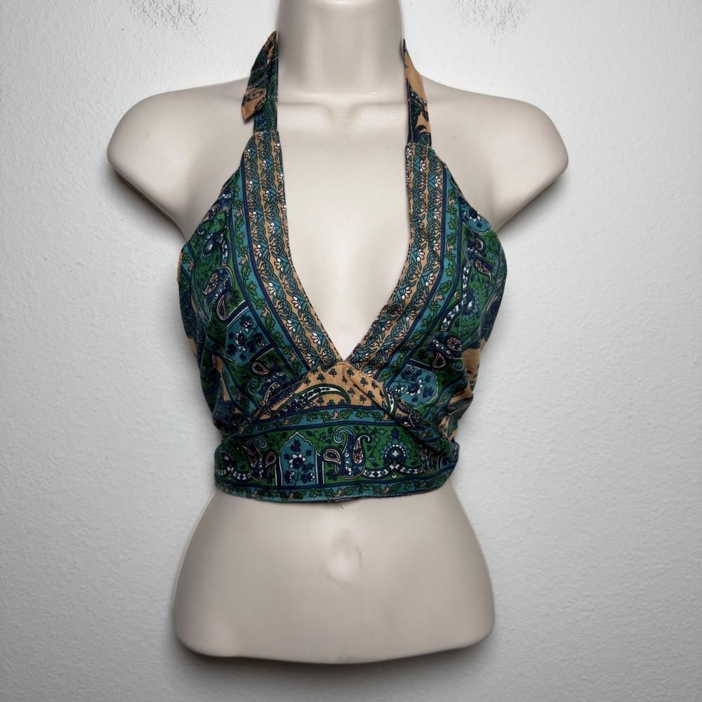 Women Silk Fairy Halter Top O/S Pink Green Paisley Reversible Indie Club Party